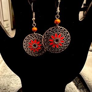 silverfish hook earrings, red accent beads